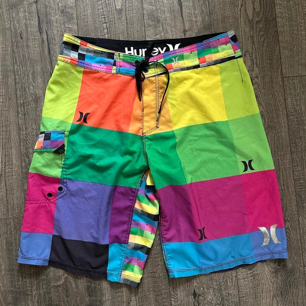 Vintage Y2K 2000s Hurley Multi Color Plaid Surf Board Shorts Swimsuit